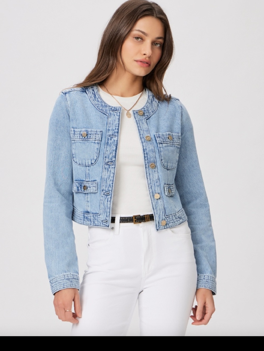PAIGE Kiya Jacket Doreen - Light Blue Cropped Collarless Denim Jacket